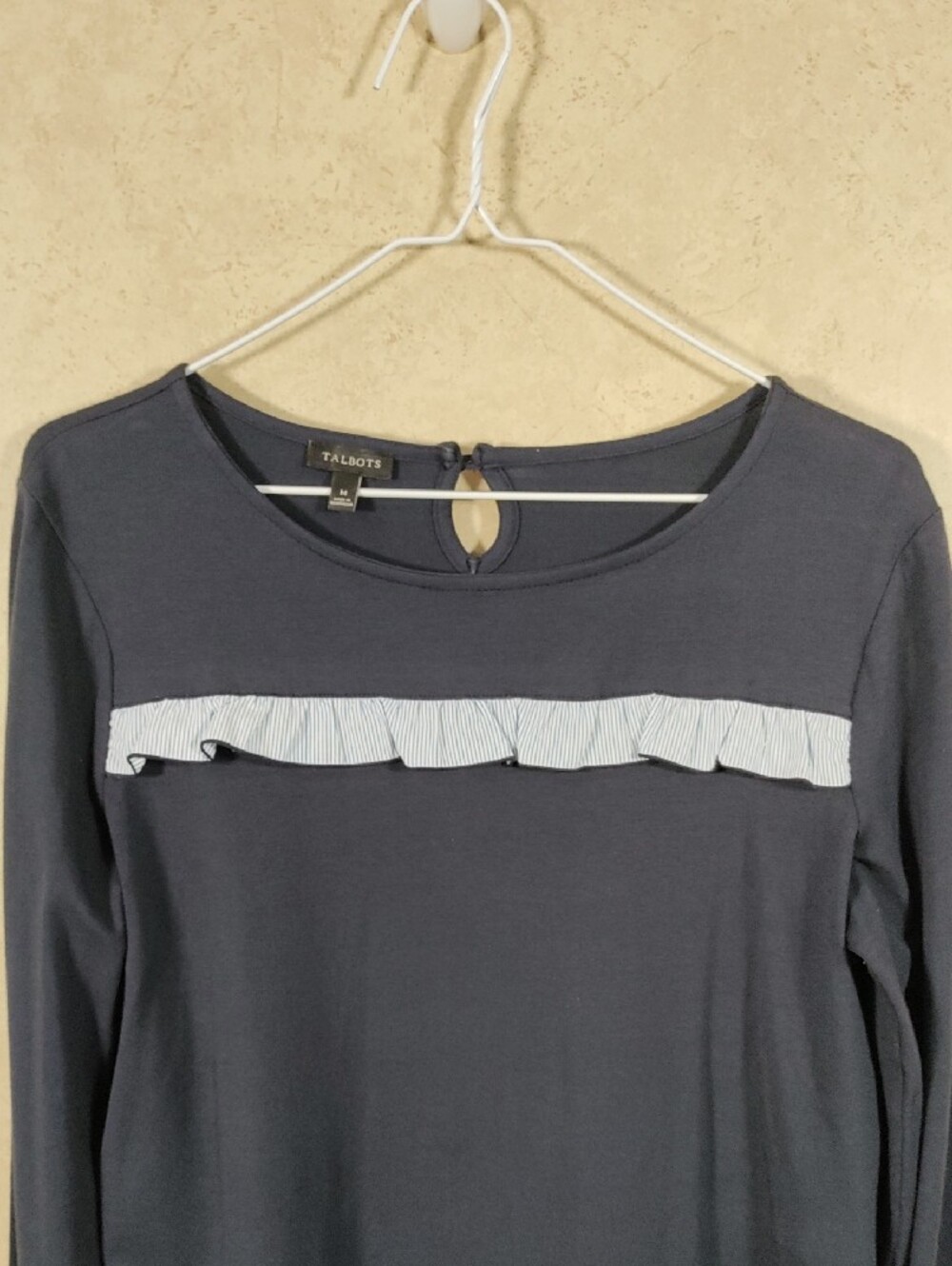 H137 Talbots Navy Long-Sleeve Ruffle Accent Top - Picture 2 of 11